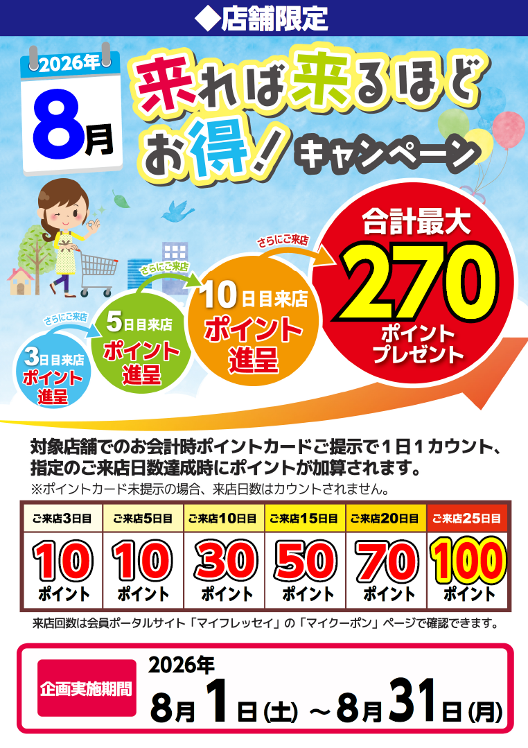 ＜店舗限定＞　特別ポイント企画「来れば来るほどお得キャンペーン」開催（2026年8月）