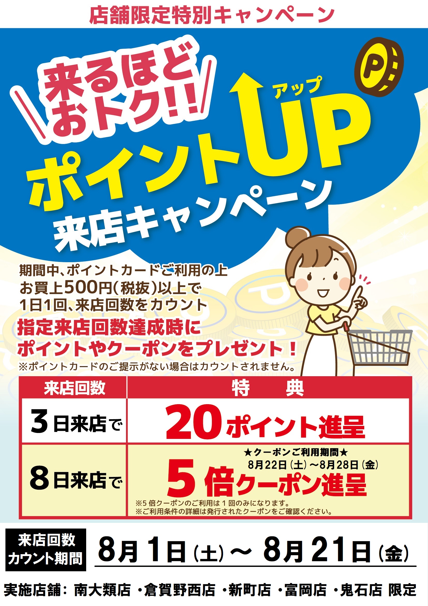 ＜店舗限定＞　特別ポイント企画「来るほどお得！ポイントアップ来店キャンペーン」開催（2026年8月）